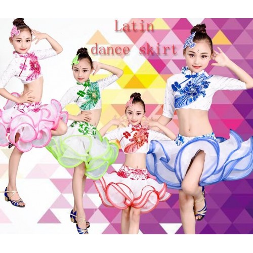 Children latin dresses china style girls kids children stage performance competition salsa chacha rumba dance dresses costumes